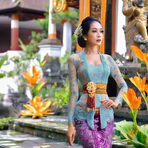 illustrate a beautiful girl close up dressed in kebaya, set against the backdrop of a balinese temple. ensure that the image is ...