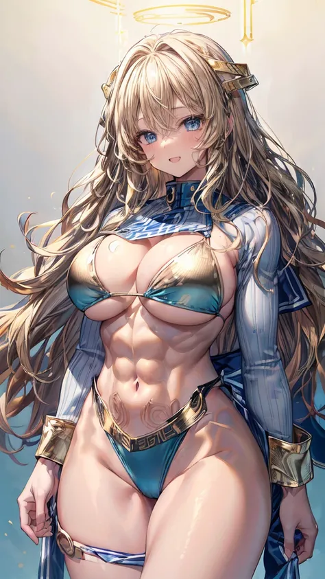 (adult women:1.5)、Very detailed、of the highest quality、Better image quality、masterpiece、8k、anime face、a kind smile、(open the mouth:1.3)、bright blue eyes、(wavy blonde hair:1.5)、、Muscles of the whole body、(High leg:1.5)、thigh belt、(wearing a gold bikini:1.5)...