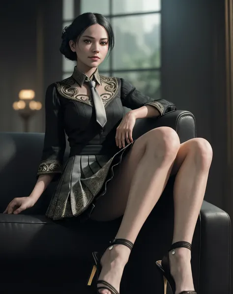 (masterpiece), (extremely intricate:1.3), (realistic), portrait of a girl, (dark fantasy, gore), (dynamic perspective), the most beautiful in the world, sitting on the couch, kicking viewers, indoors, from below, shirt, tie, pleated skirt, high-heeled sand...