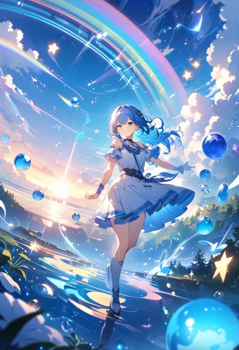 Anime style, ultra-detailed, 8K CG, blue-haired girl, smile, blue world, mysterious blue objects floating, star, musical note, rainbow