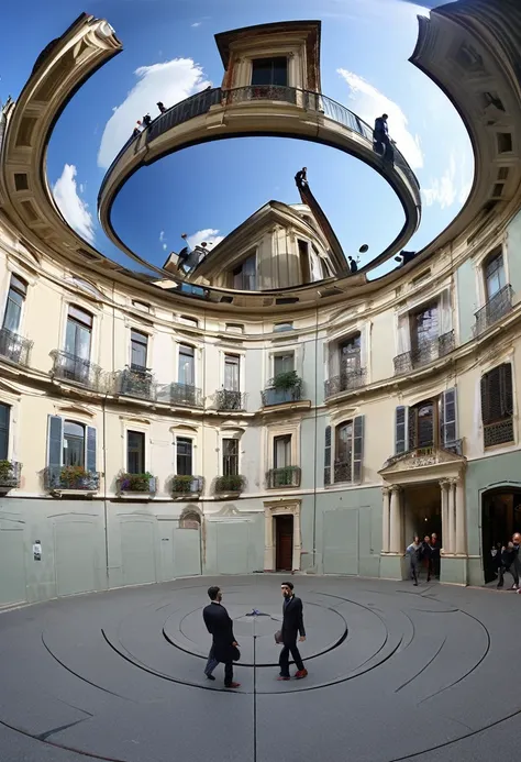 Arafed image the same person walking in a circle., 3 6 0 image, 3 6 0 catch, Panoramic Anamorphic, 3 6 0 projection, Liminal space photography, 360 monoscopic equirectangular, by Leandro Erlich, inspired by Leandro Erlich, 360 degree equirectangular, 8mm e...