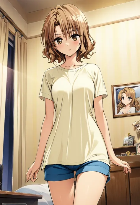 One girl, momioka risa,from Style of Yabuki Kentaro, To Love-Ru art style,blonde short hair,wavy hair,brown eyes,shirt,shorts,room,masterpiece, highest quality, Detailed face, Beautiful and detailed eyes, Beautiful Face, Perfect body, Official Art, grand p...