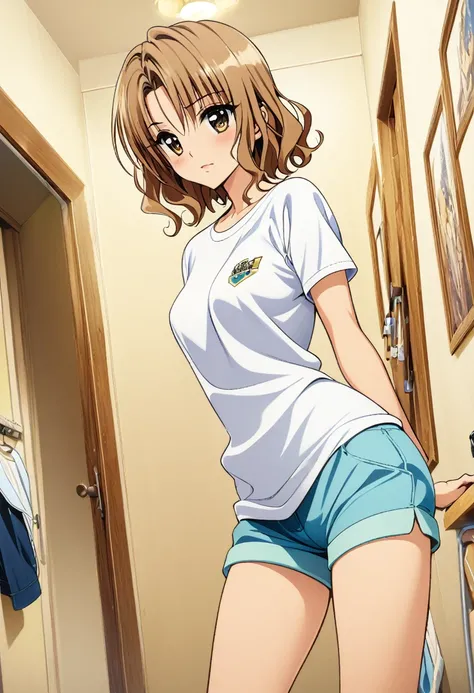 One girl, momioka risa,from Style of Yabuki Kentaro, To Love-Ru art style,blonde short hair,wavy hair,brown eyes,shirt,shorts,room,masterpiece, highest quality, Detailed face, Beautiful and detailed eyes, Beautiful Face, Perfect body, Official Art, grand p...