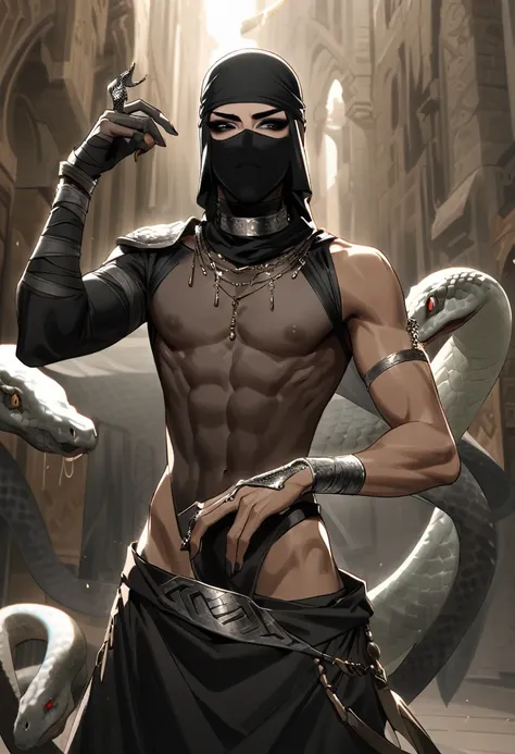 Male arab warrior, medivial, black short balaclava, black bandage, black clothes, thin waist, skinny body, femboy, light skin, makeup, black eyeliner, big eyelashes, black eyeshadow, metal choker,  light tanned skin, snake on hand