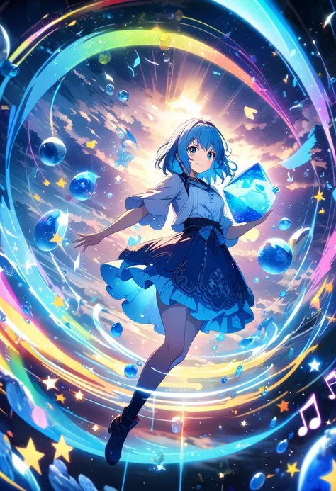 Anime style, ultra-detailed, 8K CG, blue-haired girl, smile, blue world, mysterious blue objects floating, star, musical note, rainbow