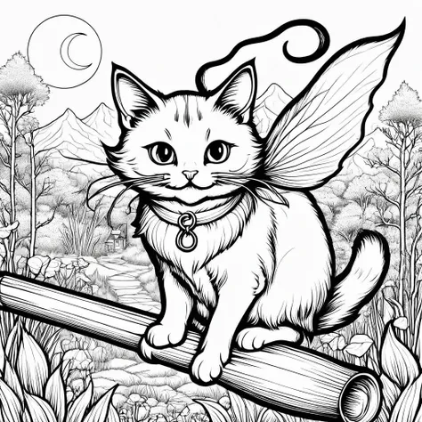 black and white drawing of a cat flying on a broom, 猫のwitch, fly on a broom, coloring bookのアウトライン, scary but fascinating, witch,...