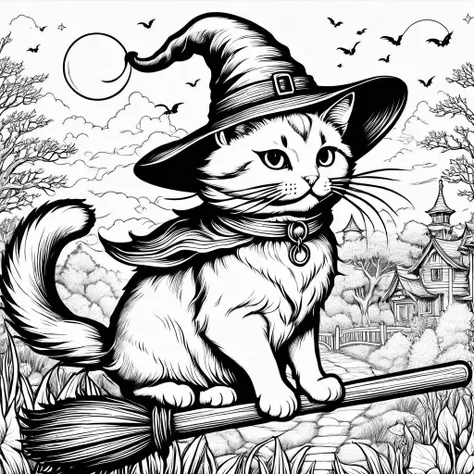 black and white drawing of a cat flying on a broom, 猫のwitch, fly on a broom, coloring bookのアウトライン, scary but fascinating, witch,...