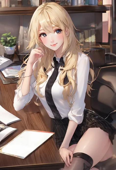 ((highest quality.8K、
masterpiece:1.3))、sharp:1.2、
perfect body beauty:1.4、 Slim
abs:1.2、((layered hairstyles、
huge :1.2))、young white teen, blonde hair, brightly smiling, black lingerie, cleavage, sitting on cedar desk in an office