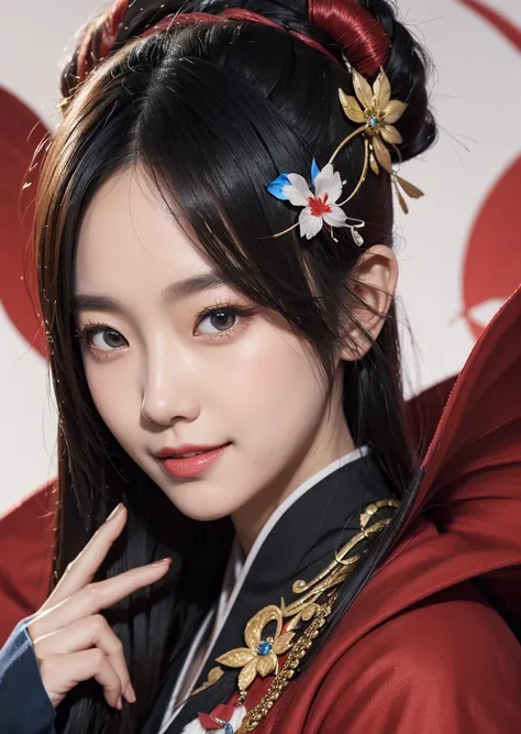 Diffuse lighting、 Highest quality, High resolution, unity 8k wallpaper、Supersaturation, Colorful, 8k解像度, 1 female、Japanese、23 years old、Close-up portrait、Wearing a red dress，With an invincible smile、Woman with a Fan, onmyoji, onmyoji detailed art, onmyoji ...