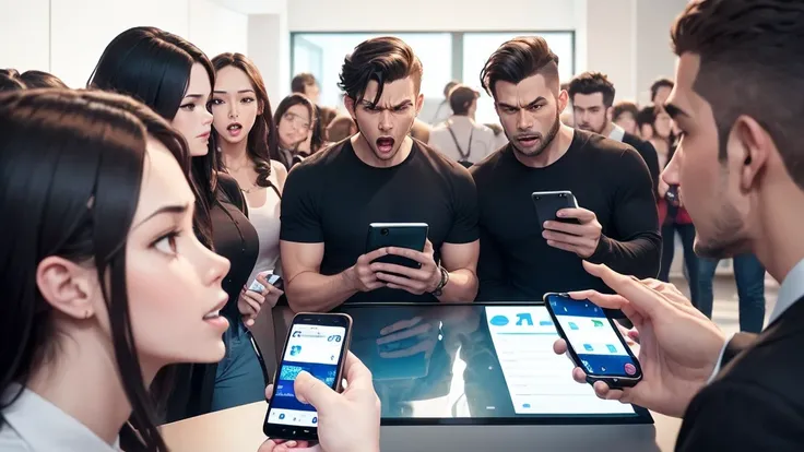 A scene of a monkey, an alien, and a large group of humans, male and female, enjoying social media with their smartphones. While looking at the phones, a variety of emotions are expressed, including an angry monkey, an alien making money, and a gasping per...