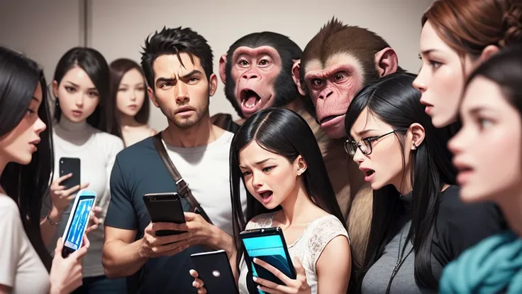 A scene of a monkey, an alien, and a large group of humans, male and female, enjoying social media with their smartphones. While looking at the phones, a variety of emotions are expressed, including an angry monkey, an alien making money, and a gasping per...