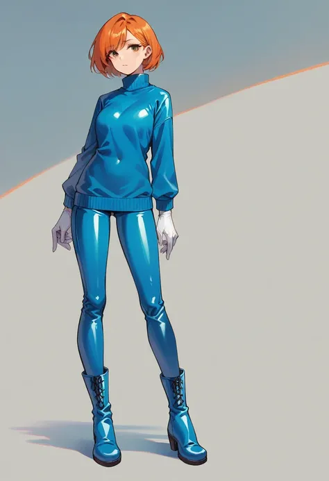 1girl, orange hair, ((white elbow gloves)), ((surgical gloves)), ((latex gloves)), ((blue latex sweater)), ((long sleeves)), ((blue latex pants)), ((white latex boots)), looking at viewer, standing, solo
