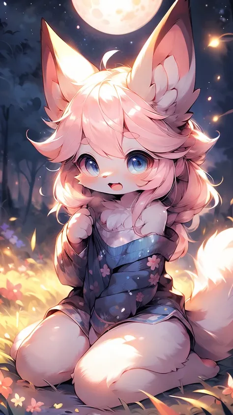  Extremely detailed, beautiful, Fair, masterpiece, best quality, Calming color palette, Peace of mind，White flull，fluffy white tail， Duck sitting，HD Wallpapers，16k resolution, Deep blue eyes，Like the eyes of the galaxy，hairy尾巴，Pink cat ears，Plush body，paw,...