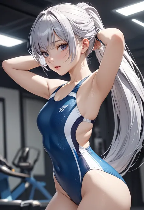 ultra detailed, hyper detailed, best quality, highres, 4K , master piece, 1 female, 17-year-old,  competition swimsuit, silver hair, hime cut, ponytail, very long hair