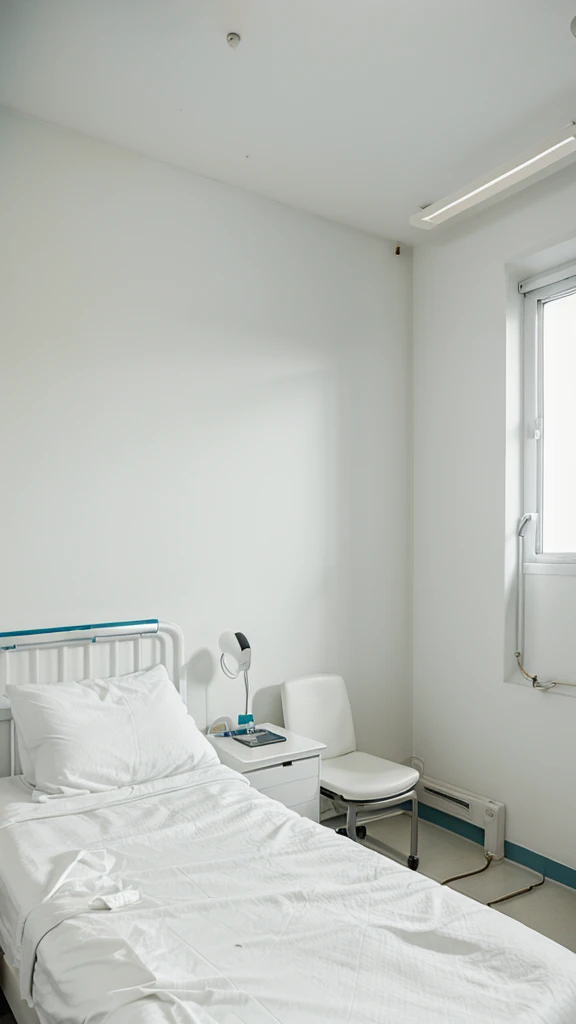 Hospital room with white walls and a single bed