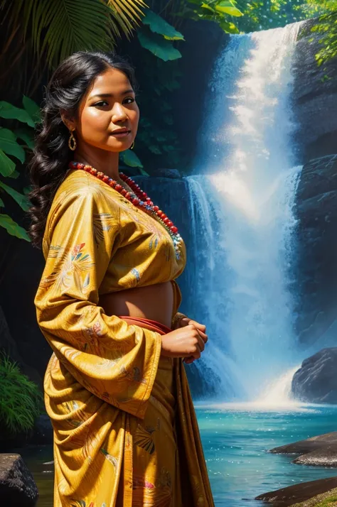 painting of a 40 year old Hawaiian woman with traditional clothes, dancing in front of a waterfall, curvy, inspired by Fernando Amorsolo, photorealistic oil on canvas, realistic oil on linen, oil on canvas painting, 4k oil on linen, extremely detailed oil ...