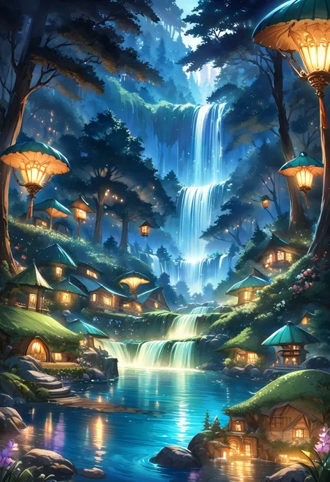 The atmosphere of a village where fairies live deep in the forest., A small forest fairy village, Trees cover half the sky, Hazy Mist, flowing stream of light, Winding small cascading waterfall, nice waterfall, Beautiful fantasy paintings, bioluminescence ...