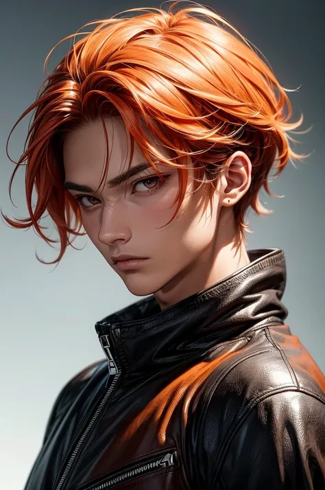 (Absurd, High resolution, Ultra-detailed), 1 male, Adult, good looking, Muscular face, Broad shoulders, Detailed drawn eyes, Orange Hair, Hairstyle is random, Brown eyes, Leather Vest, wonderful, mysterious, Bright glow,  Serious expression, cold, Thoughtf...