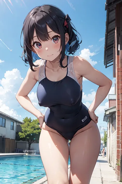 View from below、Embarrassed、Big breasts,、Tight competition swimwear、NUDE,Silver Hair、Pretty blue hair ribbon 、1 girl、Clear skies、School Swimsuit、Mature woman、Leaning forward、タイトなSchool Swimsuit姿の1 girl、Curly hair、Medium Bob、Floating nipples、Black Hair、Hand...