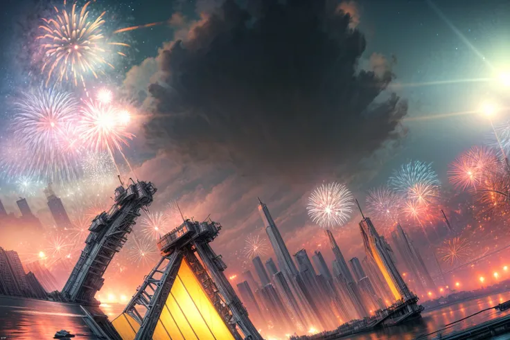 a photorealistic night scene picture of a fireworks show over a city at night, fireworks being reflected in the river, photorealistic display of fireworks (best details, Masterpiece, best quality), beat detailed urban background at night, entire scene bein...