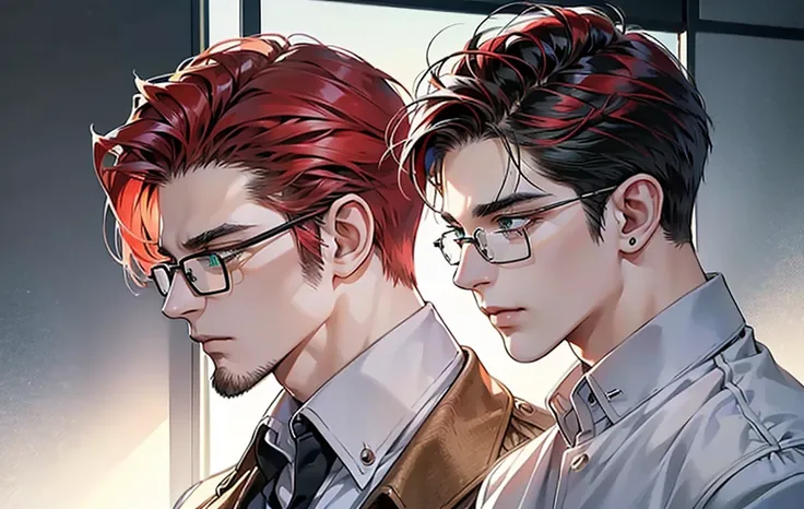 ((profile pic)), (best quality detailed image beautiful image 8K photorealistic dramatic lighting 1:1) (digital art digital illustration) (camera focused on face) (cold colors dim lighting) Art Manhwa 29 year old cold man very handsome red hair in back gel...