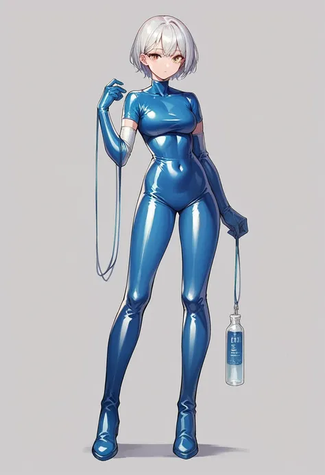 1girl, ((white elbow gloves)), ((surgical gloves)), ((latex gloves)), ((blue latex outfit)), ((long sleeves)), ((blue latex pants)), ((white latex boots)), looking at viewer, standing, solo