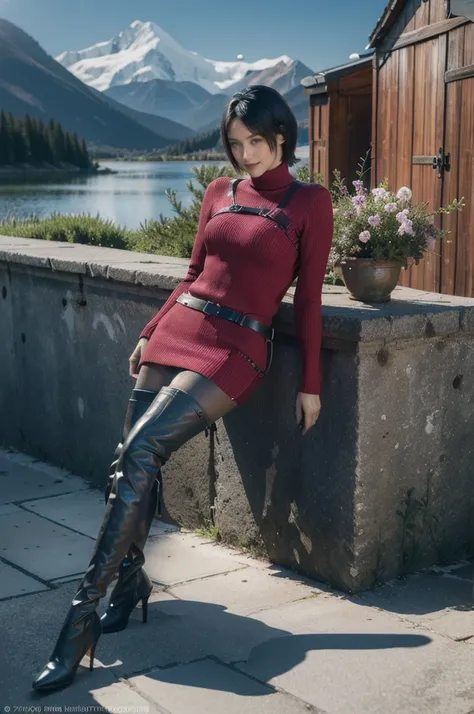 Ada_re4, (sitting),(beautiful face:1.5), 1girl,black hair, short hair, red sweater, belt, black thigh boots,  ((full body)),(realistic:1.7),((best quality)),absurdres,(ultra high res),(photorealistic:1.6),photorealistic,octane render,(hyperrealistic:1.2), ...