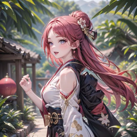 1 adult tall lady, black magical red kimono armor, beautiful jungle background, beautiful shiny eyes focus, navel, belt, Red lips, eyeshadow, eyelashes, pink cheek, ultra detailed beautiful ornaments and patterns, smile, beige red hair, open mouth, walking...