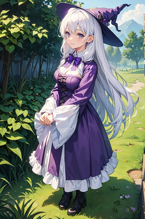 1girl, witch, lilac witch outfit, white hair, big breasts, cozy, happy, green field background with rain