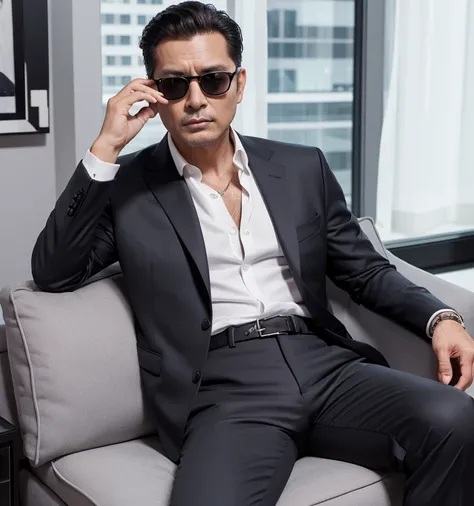 50 years old,One Man,Grey suit,mafia、Bedroom,legs wide open,Boss sitting、The crotch area of the pants is bulging,logic,Gay ,Very short slicked back hair,Stubble,Asian Faces,Handsome Dad,Black sunglasses。chest hair。Scream。