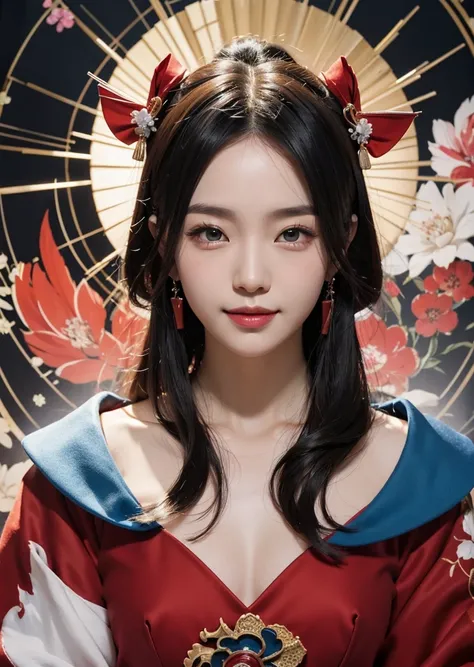 Diffuse lighting、 Highest quality, High resolution, unity 8k wallpaper、Supersaturation, Colorful, 8k解像度, 1 female、Japanese、23 years old、Close-up portrait、Wearing a red dress，With an invincible smile、Woman with a Fan, onmyoji, onmyoji detailed art, onmyoji ...