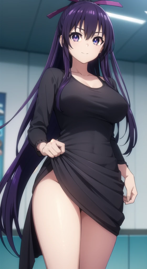 tohkayatogami, tohka yatogami casual, long hair, purple hair, alluringly smile , Long-Sleeve Scoop Neck Plain Mermaid Evening black Gown,(purple eyes:1.1), hair ribbon, ponytail, purple hair, white ribbon, E cup breasts, bewitched thighs, slender waist, pl...