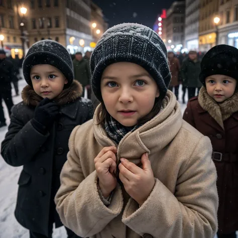 1939 years, Warszawa, shivering from hunger and cold, fear face, cry very loudly,  plural　White people, Children of the Po-Land, on street ,in city, night,　fall snow, accurate, anatomically correct, textured skin, beautiful fingers super detail, high detai...