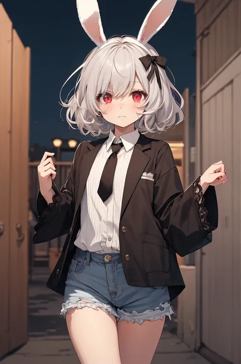 masterpiece, Highest quality, High resolution, One boy, Cream colored hair, Gray Hair, Pearly hair, Nice boy, Bunny ears, Loose-fitting clothing, Larger clothes, dark red eye, eyeの下のたるみ, dark circles under eye, やみcute, Fluffy hair, Voluminous Hair, skinny,...