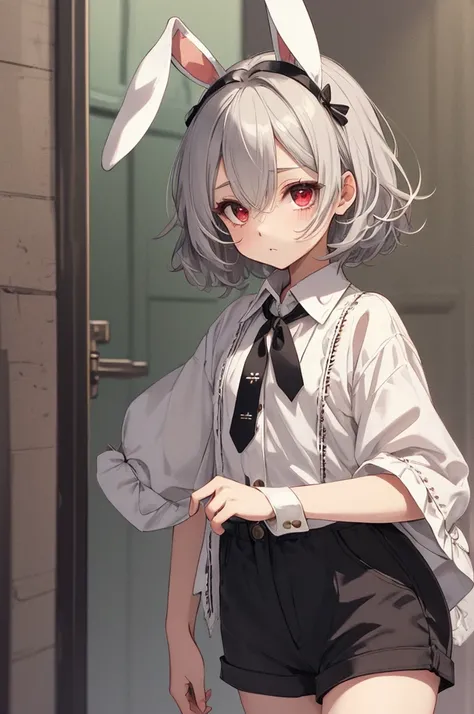 masterpiece, Highest quality, High resolution, One boy, Cream colored hair, Gray Hair, Pearly hair, Nice boy, Bunny ears, Loose-fitting clothing, Larger clothes, dark red eye, eyeの下のたるみ, dark circles under eye, やみcute, Fluffy hair, Voluminous Hair, skinny,...