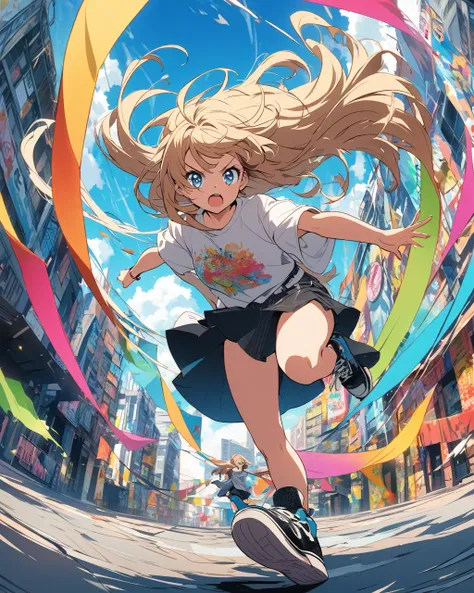 An anime-style illustration of a young girl with long, flowing hair and expressive eyes, set against a vibrant blue sky. She wears an oversized jacket, a casual t-shirt, and a short skirt, complemented by sneakers. The scene has a dynamic, urban feel with ...