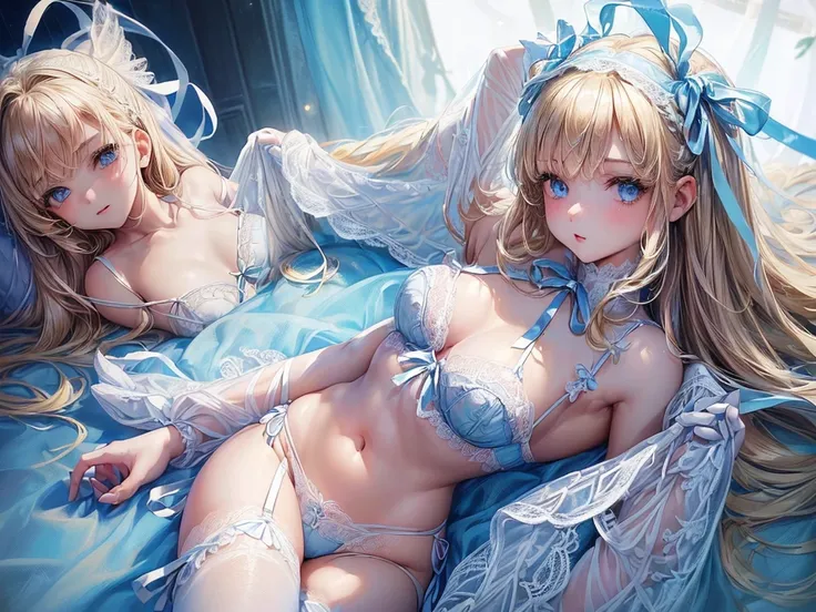 (((depict young girl angel))), (((top-quality, masterpiece))), angel, big whiite wings, ((((flying in sky))), ((lace lingerie)), ((cute white lingerie with lot of details)), (((light blue ribbons on lingerie))), straight blond hair, deep blue eyes, small b...