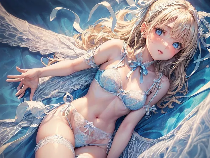 (((depict young girl angel))), (((top-quality, masterpiece))), angel, big whiite wings, ((((flying in sky))), ((lace lingerie)), ((cute white lingerie with lot of details)), (((light blue ribbons on lingerie))), straight blond hair, deep blue eyes, small b...