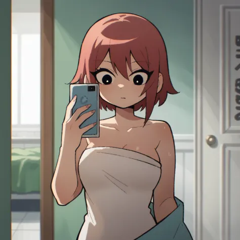 score_9, score_8_up, 1girl, wrapped in towel, medium breasts, holding phone