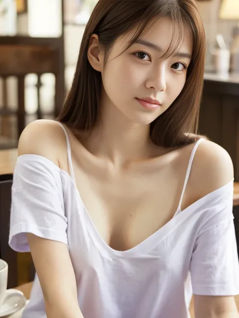 (best quality), masterpiece, photorealistic, portrait photo of a japanese woman, 20 years old, realistic skin, eye catch, medium breasts, off-shoulder t-shirt, at cafe