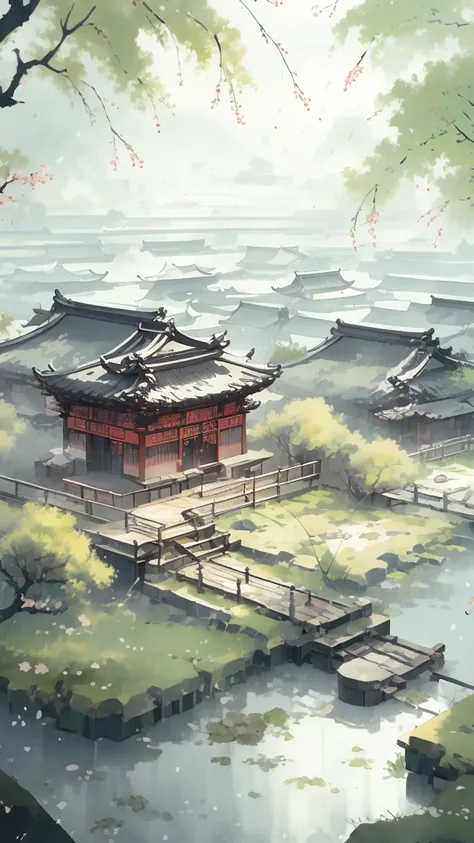 2d game scene，ink，anime landscape, ancient city landscape, tai chi diagram，yin yang fish, chinese scenery, game concept art