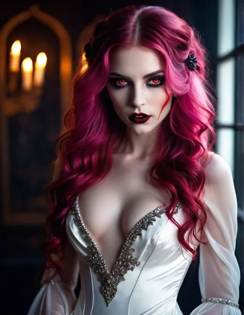 Very attractive 25 year old female with long wavy bright pink hair, dark fantasy art, goth art, full body shot, a beautiful female vampire wearing a (blood stained white evening dress: 1.5), an extremely beautiful female vampire, ultra detailed face, long ...