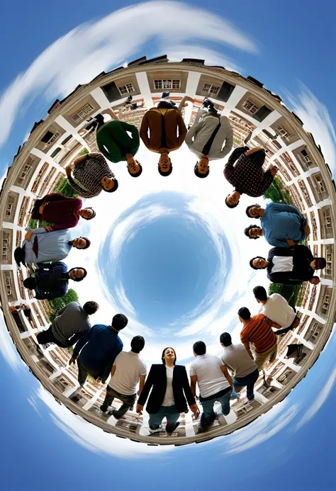 Arafed image of a group of people walking in a circle., 3 6 0 image, 3 6 0 catch, Panoramic Anamorphic, 3 6 0 projection, Liminal space photography, 360 monoscopic equirectangular, by Leandro Erlich, inspired by Leandro Erlich, 360 degree equirectangular, ...