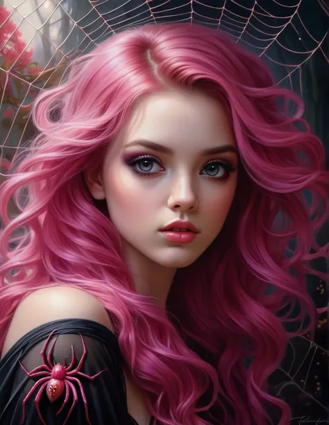 Very attractive 25 year old female with long wavy bright pink hair, Fantasy art. web, a huge hairy spider and a fairy with wings in a spider cocoon. cinematiclight.
Character design, photorealistic and detailed portrait of a beautiful young woman, stuck in...