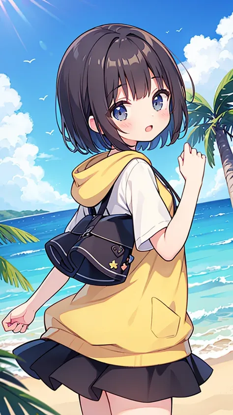 ((Highest quality)), ((masterpiece)), (detailed), , A short-haired girl wearing a short-sleeved hoodie、A summery half skirt、Summertime、whole body、Fullsize、Side Angle、cute、