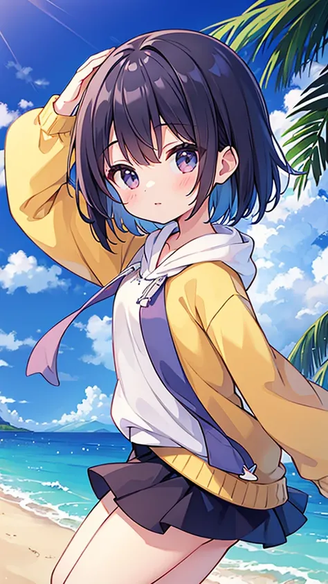 ((Highest quality)), ((masterpiece)), (detailed), , A short-haired girl wearing a short-sleeved hoodie、A summery half skirt、Summertime、whole body、Fullsize、Side Angle、cute、