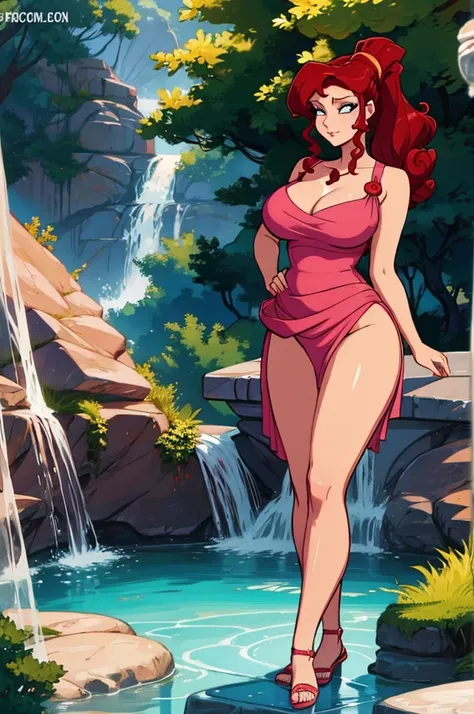 Megara - hot sexy red hair girl in pink dress, big tits, thick legs