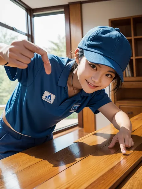 A 30-year-old Chinese carpenter is making a table out of wood. He is wearing a blue work uniform and a blue hat. The "JSP" logo is written on both the hat and clothes. A smiling expression. The furniture material used to make the table should be natural li...