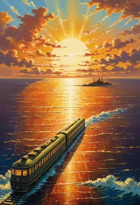 ghibli　on the sea　it&#39;s coming　a train running on the horizon of the sunset　force