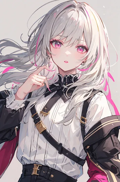 masterpiece, highest quality, high resolution, one boy, cream colored hair, gray hair, pearly hair, shocking pink lipstick,, she...